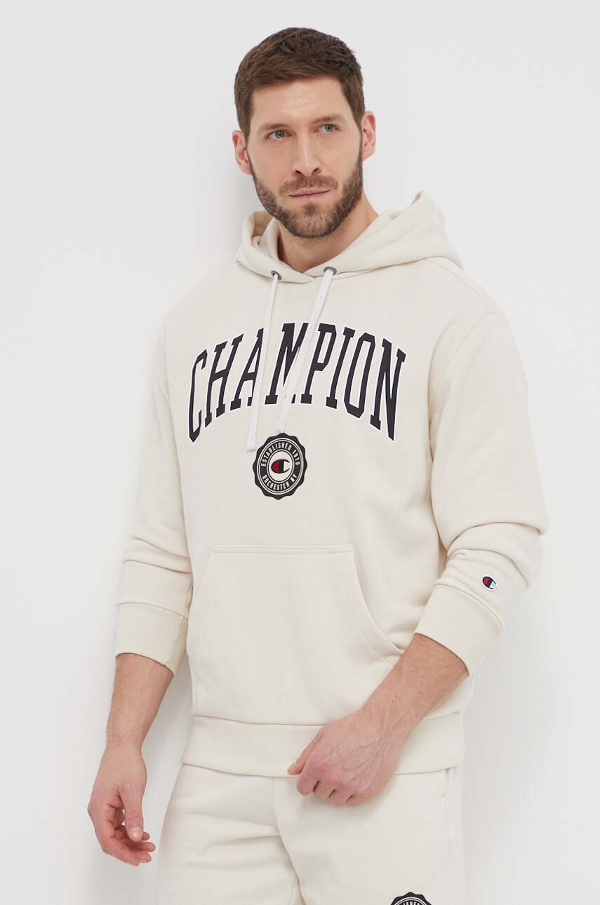 Champion bluza męska kolor beżowy z kapturem z nadrukiem 219830