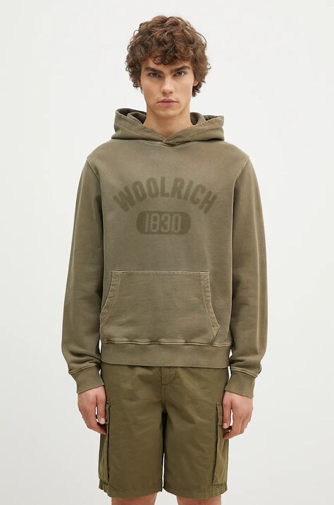 Хлопковая кофта Woolrich Garment Dyed Logo Hoodie мужская цвет зелёный с капюшоном узор CFWOSW0220MRUT3686