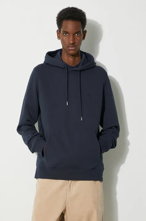 Dukserica Woolrich Logo Script Hoodie za muškarce, boja: tamno plava, s kapuljačom, melanž, CFWOSW0224MRUT3684