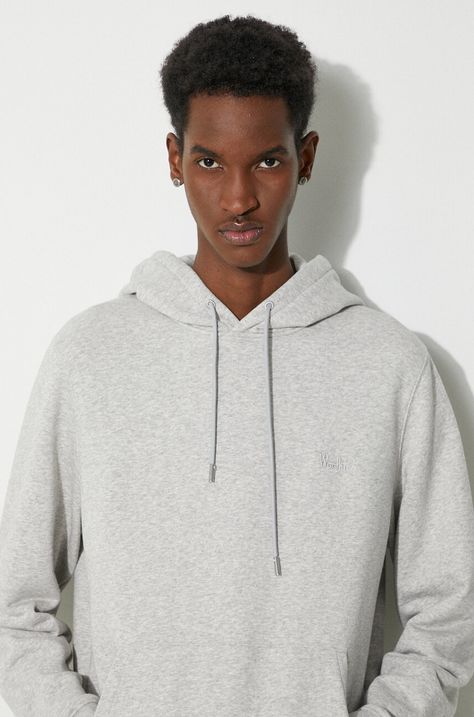 Woolrich bluza Logo Script Hoodie barbati, culoarea gri, cu glugă, melanj, CFWOSW0224MRUT3684