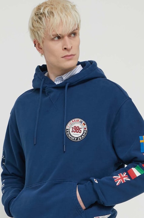 Памучен суичър Tommy Jeans Archive Games в тъмносиньо с качулка принт DM0DM19544