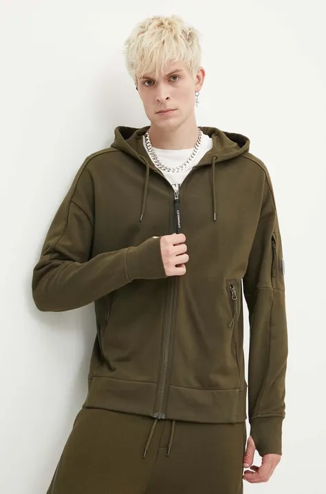 Bombažen pulover C.P. Company Diagonal Raised Fleece Zipped moški, zelena barva, s kapuco, 16CMSS400A005086W