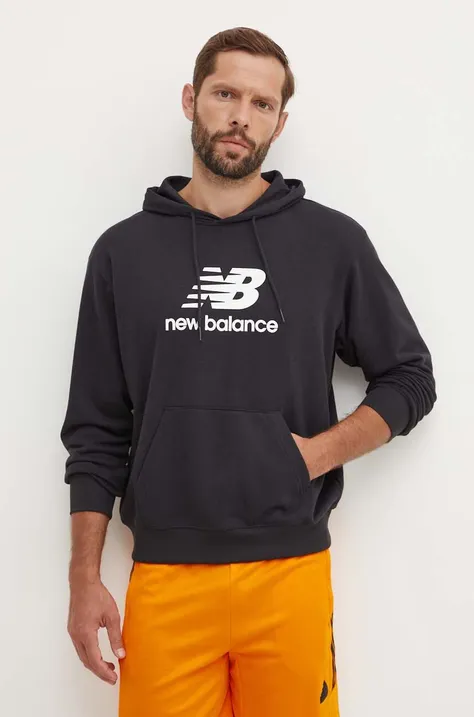 Mikina New Balance Sport Essentials pánská, černá barva, s kapucí, s potiskem, MT41501BK