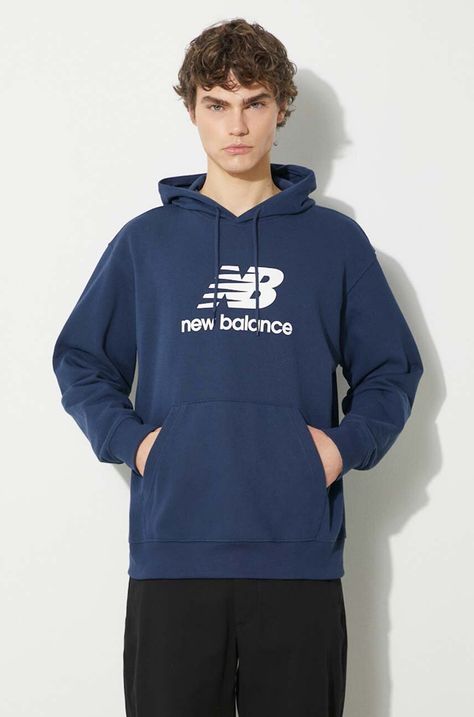 New Balance bluza Sport Essentials męska kolor granatowy z kapturem z nadrukiem MT41501NNY