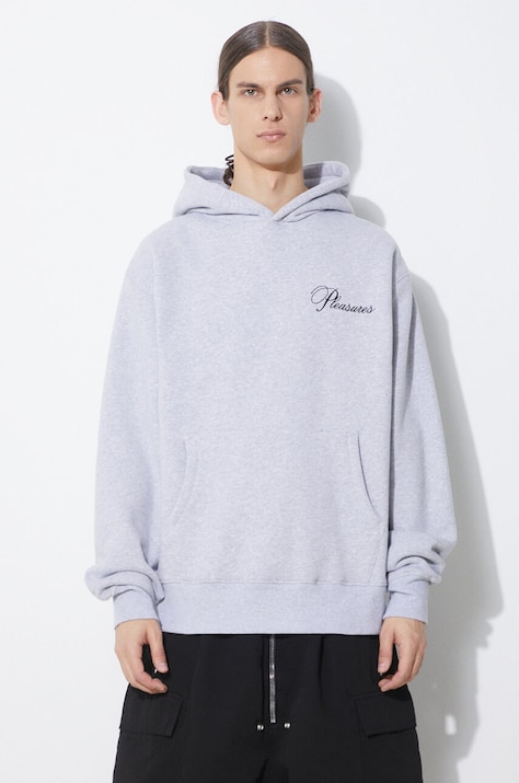 PLEASURES bluza Cafe Hoodie barbati, culoarea gri, cu glugă, cu imprimeu, P24SP026.GREY