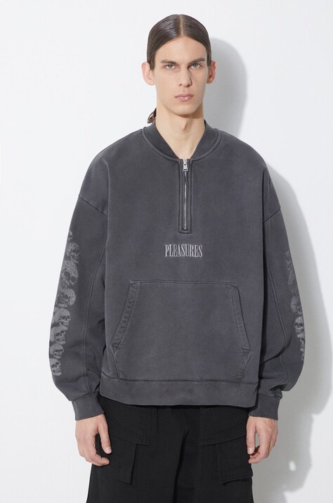 Bavlněná mikina PLEASURES Skull Spiral Quarter Zip pánská, šedá barva, s potiskem, P24SP035.BLACK