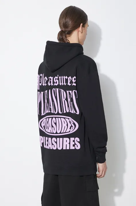 Mikina PLEASURES Stack Hoodie pánská, černá barva, s kapucí, s potiskem, P24SP055.BLACK