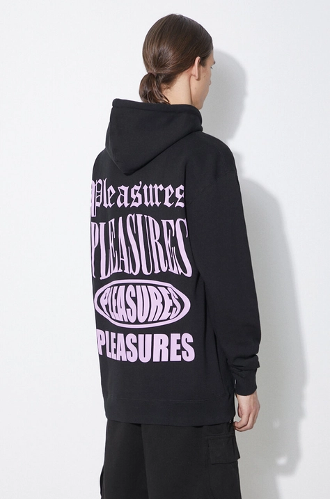 Суичър PLEASURES Stack Hoodie в черно с качулка с принт P24SP055.BLACK