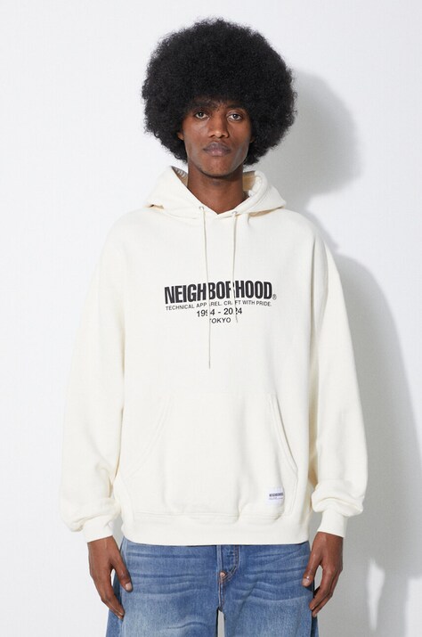 Bavlněná mikina NEIGHBORHOOD Classic pánská, béžová barva, s kapucí, s potiskem, 241FPNH.CSM04