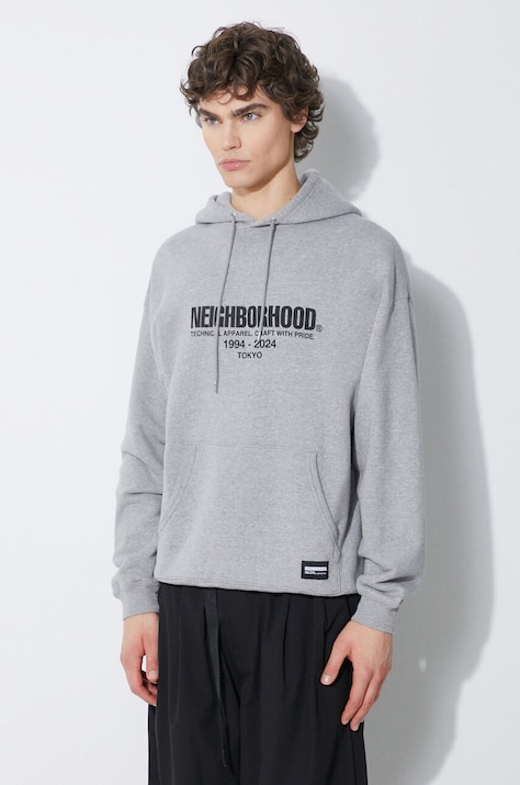 NEIGHBORHOOD bluza bawełniana Classic męska kolor szary z kapturem z nadrukiem 241FPNH.CSM04