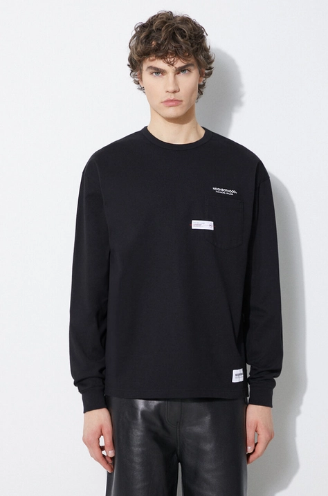 NEIGHBORHOOD longsleeve din bumbac Classic-P Crewneck culoarea negru, cu imprimeu, 241FPNH.CSM05