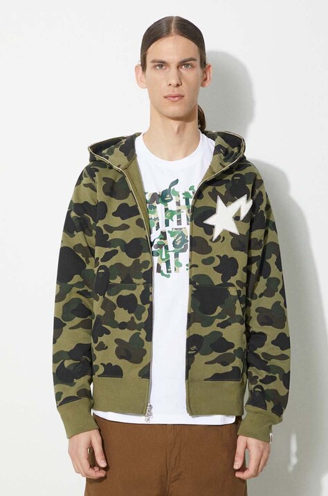 Хлопковая кофта A Bathing Ape 1St Camo Full Zip Hoodie мужская цвет зелёный с капюшоном узор 1J80115001