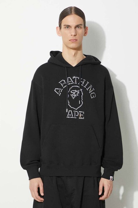 Кофта A Bathing Ape Rhinestone College Pullover Hoodie мужская цвет чёрный с капюшоном с аппликацией 1K30114306