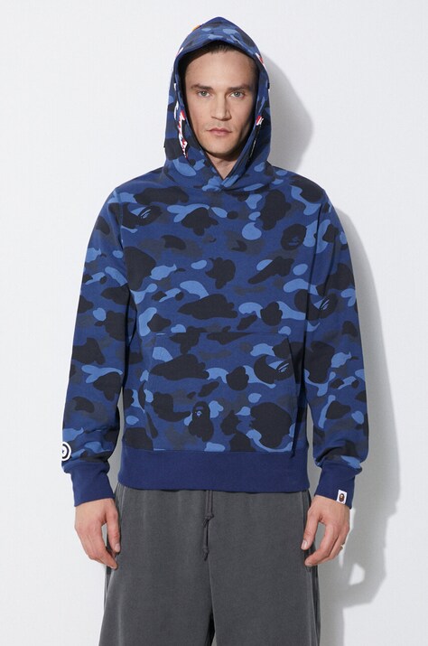 Памучен суичър A Bathing Ape Color Camo Shark Pullover Hoodie в тъмносиньо с качулка с десен 1K30114002