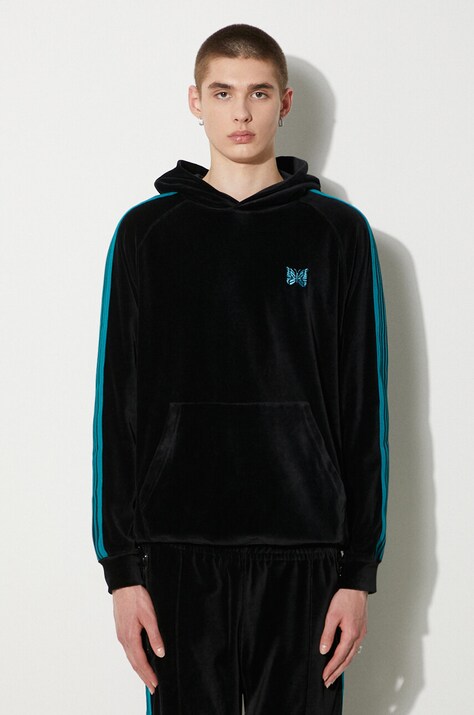 Mikina Needles Track Hoody pánska, čierna farba, s kapucňou, vzorovaná, OT234