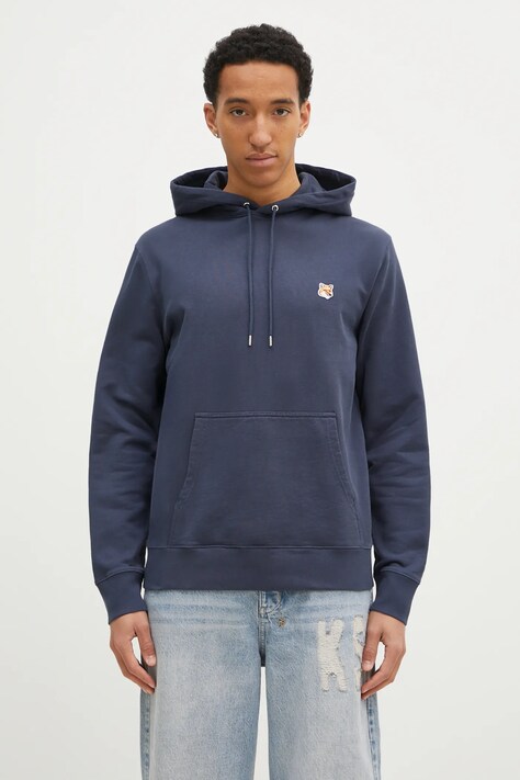 Хлопковая кофта Maison Kitsuné Fox Head Patch Regular Hoodie мужская цвет синий с капюшоном меланж LM00702KM0001