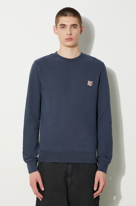Maison Kitsuné hanorac de bumbac Fox Head Patch Regular Sweatshirt barbati, culoarea albastru marin, neted, LM00301KM0001