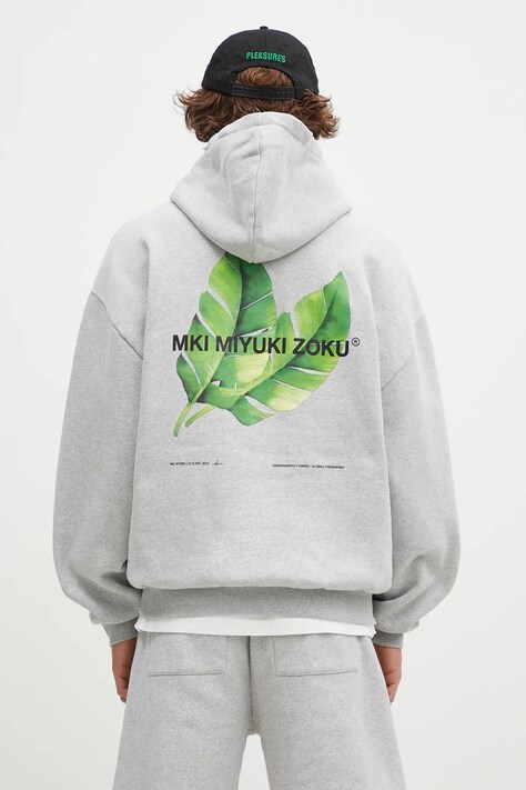 MKI MIYUKI ZOKU bluză Leaf Hoody bărbați, culoarea gri, cu glugă, cu imprimeu, LEAF.HOODY