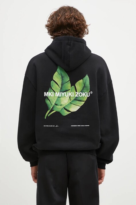 Mikina MKI MIYUKI ZOKU Leaf Hoody pánska, čierna farba, s kapucňou, s potlačou, LEAF.HOODY