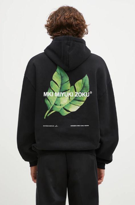 Mikina MKI MIYUKI ZOKU Leaf Hoody pánska, čierna farba, s kapucňou, s potlačou, LEAF.HOODY