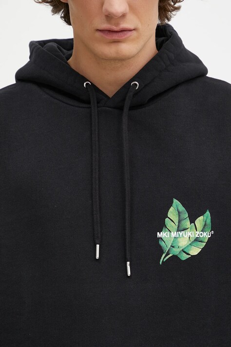 MKI MIYUKI ZOKU bluza Leaf Hoody męska kolor czarny z kapturem z nadrukiem LEAF.HOODY