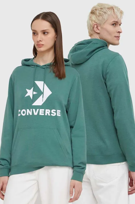 Converse bluza culoarea verde, cu glugă, cu imprimeu