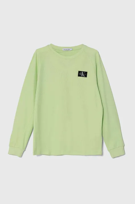 Otroška bombažna majica z dolgimi rokavi Calvin Klein Jeans zelena barva