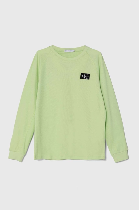 Calvin Klein Jeans longsleeve din bumbac pentru copii culoarea verde, neted