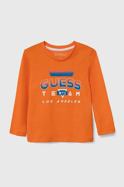 Guess longsleeve din bumbac pentru copii culoarea portocaliu, cu imprimeu