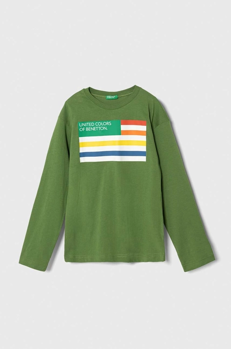 Дитячий бавовняний лонгслів United Colors of Benetton колір зелений з принтом