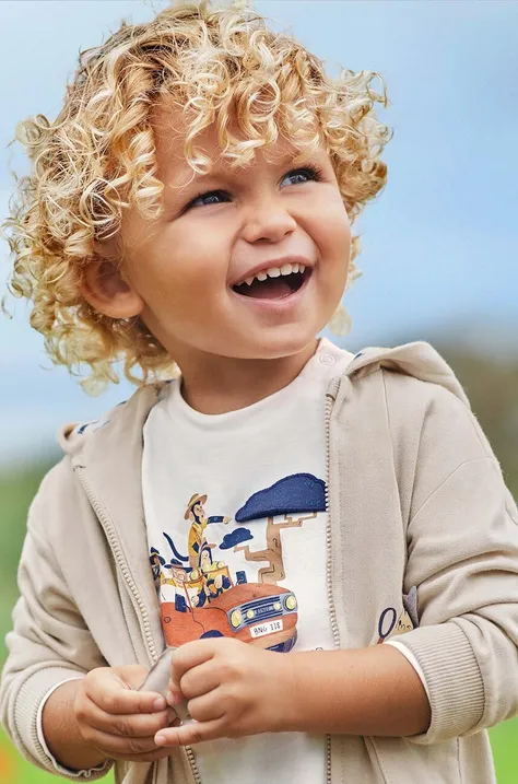 Detské bavlnené tričko s dlhým rukávom Mayoral béžová farba, s potlačou