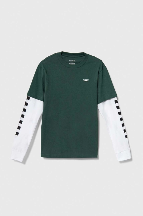 Vans longsleeve din bumbac pentru copii BY LONG CHECK TWOFER BOYS culoarea verde, cu imprimeu