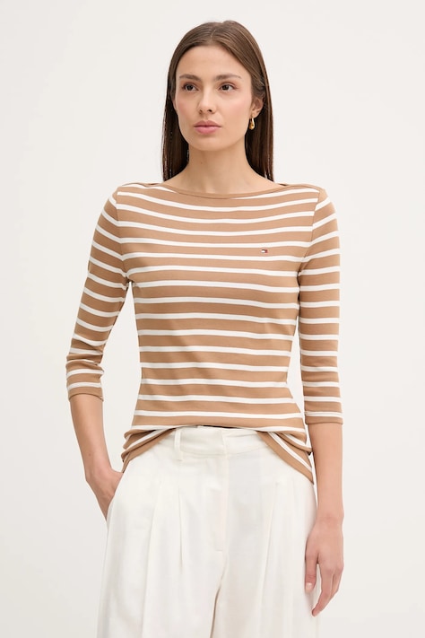 Tommy Hilfiger majica dugih rukava za žene od pamuka bež WW0WW40589