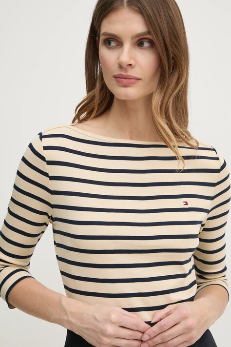 Tommy Hilfiger longsleeve din bumbac culoarea bej, WW0WW40589