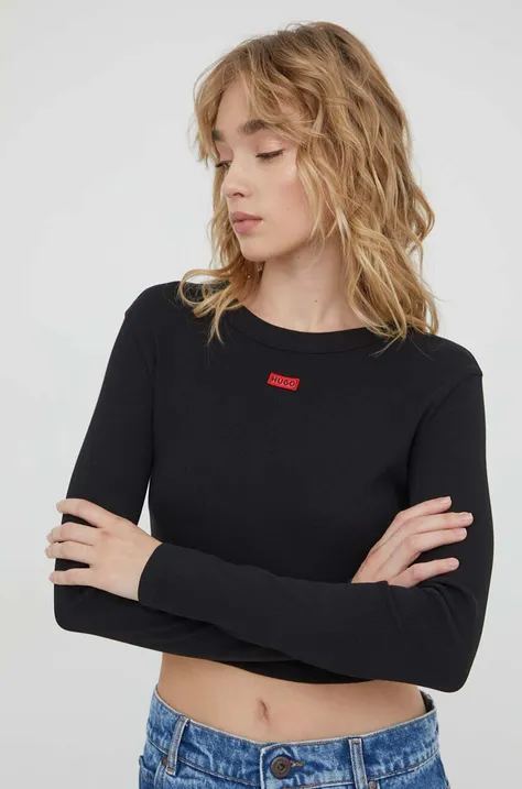 Majica dugih rukava HUGO za žene, boja: crna
