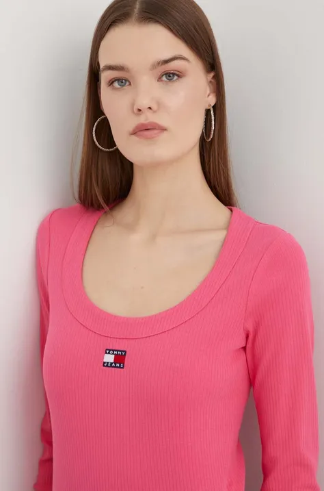 Majica z dolgimi rokavi Tommy Jeans ženski, roza barva