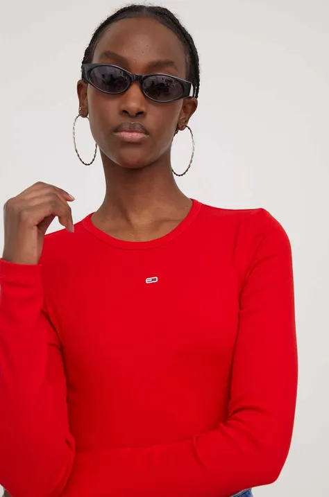 Majica z dolgimi rokavi Tommy Jeans ženski, rdeča barva