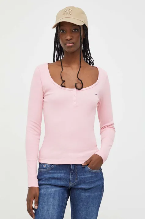 Tričko s dlhým rukávom Tommy Jeans dámsky,ružová farba,DW0DW17390