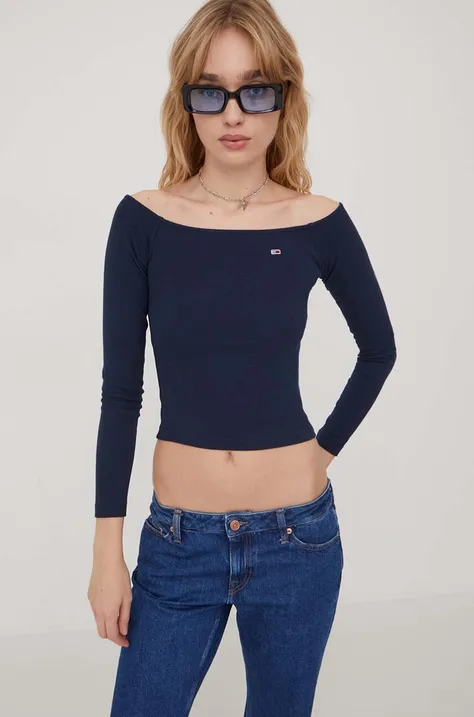 Majica z dolgimi rokavi Tommy Jeans ženski, mornarsko modra barva