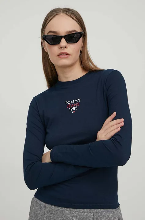 Majica dugih rukava Tommy Jeans za žene, boja: tamno plava, DW0DW17358