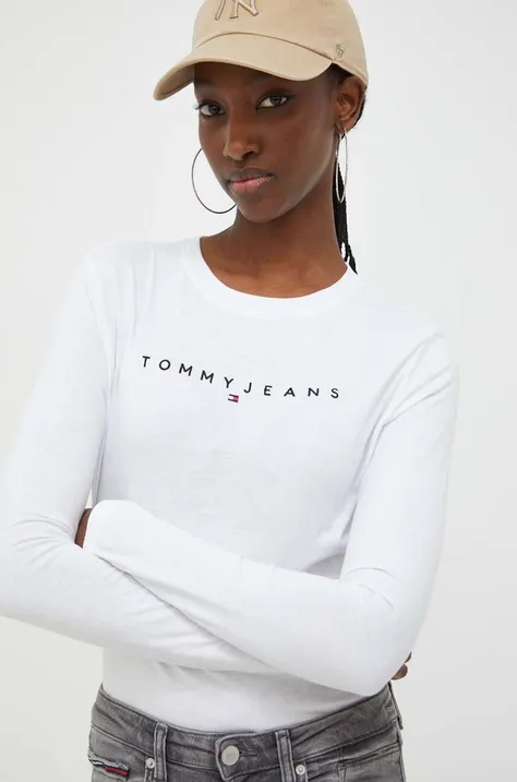 Bombažna majica z dolgimi rokavi Tommy Jeans bela barva