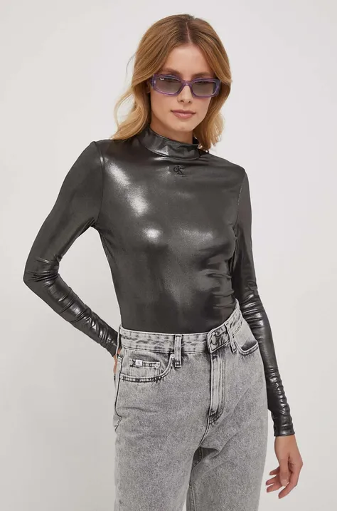 Majica z dolgimi rokavi Calvin Klein Jeans ženski, srebrna barva