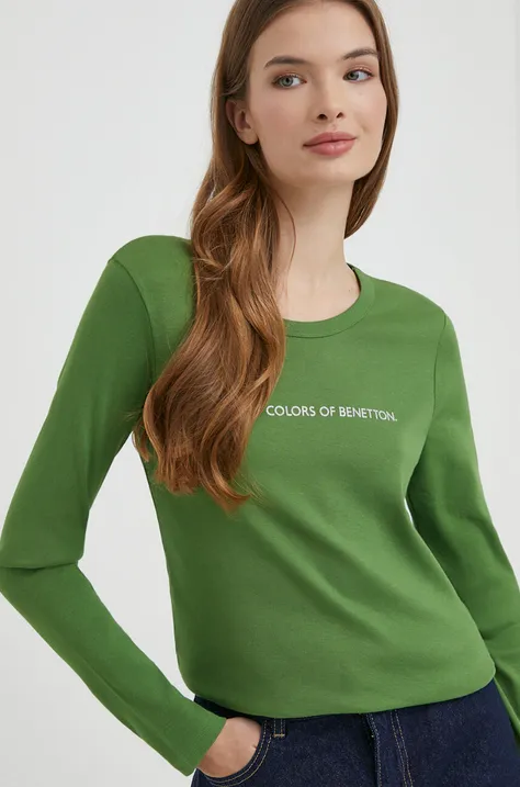 Βαμβακερή μπλούζα με μακριά μανίκια United Colors of Benetton χρώμα: πράσινο