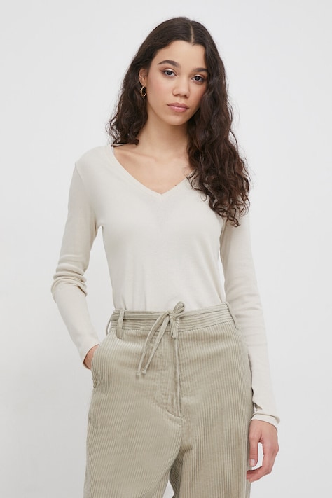 United Colors of Benetton longsleeve din bumbac culoarea bej