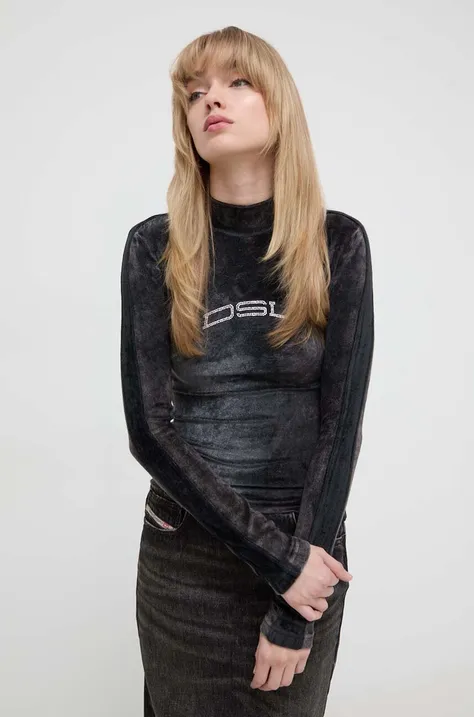 Baršunasta majica dugih rukava Diesel boja: crna, s poludolčevitom