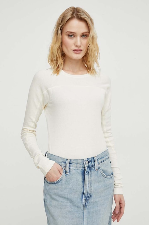 Памучна блуза с дълги ръкави G-Star в бежово