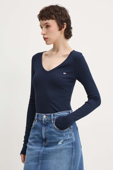 Majica z dolgimi rokavi Tommy Jeans ženska, mornarsko modra barva, DW0DW17990