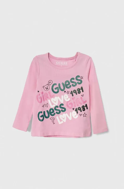 Detské tričko s dlhým rukávom Guess ružová farba
