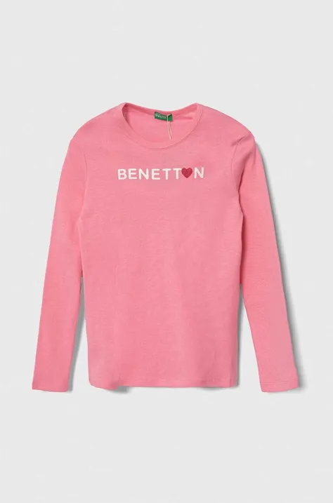 Otroška bombažna majica z dolgimi rokavi United Colors of Benetton roza barva