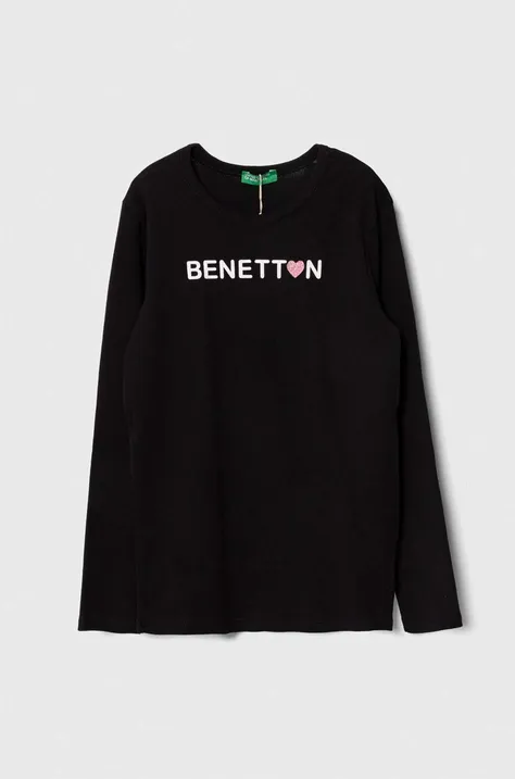 Otroška bombažna majica z dolgimi rokavi United Colors of Benetton črna barva